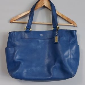 Fossil Blue Leather Shoulder Tote Bag with Top Zipper Closure and Side Pockets